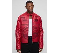 Men's Regular Fit Man Racing PU Biker Jacket | Red | Size Large | BOOHOOMAN