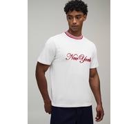 Men's Regular Fit New York Hi-Build Embroidered T-Shirt | Ecru | Size X-Large | BOOHOOMAN