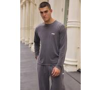 Men's Regular Fit Overdyed Man Oval Branded Long Sleeve T-Shirt | Washed Charcoal | Size Small | BOOHOOMAN