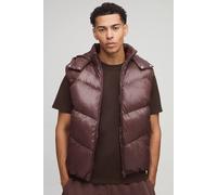 Men's Regular Fit Sheen Panelled Hooded Funnel Puffer Gilet | Chocolate | Size Medium | BOOHOOMAN