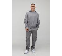 Men's Regular Fit Super Stacked Woven Tab Cargo Hooded Tracksuit | Charcoal | Size Medium | BOOHOOMAN