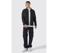 Men's Regular Fit Twill Cargo Overshirt & Trouser Set | Black | Size Medium | BOOHOOMAN