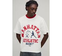 Men's Regular Fit Waffle Athletic Society Print Short Sleeve T-Shirt | Ecru | Size Small | BOOHOOMAN