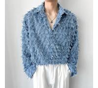 Men's Regular Length Long Sleeve Top with Splice-Based Design Language and Tassel Feature for Daily Wear (2XL Blue)