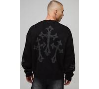 Men's Relaxed Boxy Brushed Gothic Cross Knitted Cardigan | Black | Size 4X-Large | BOOHOOMAN