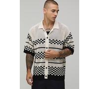 Men's Relaxed Boxy Checkerboard Open Stitch Short Sleeve Shirt | Ecru | Size Small | BOOHOOMAN