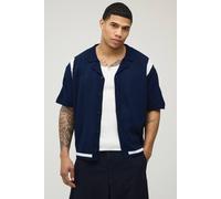 Men's Relaxed Boxy Contrast Panel Revere Knitted Shirt | Navy | Size Small | BOOHOOMAN
