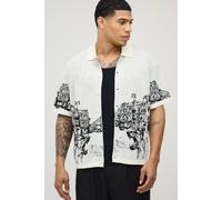 Men's Relaxed Boxy Line Scenic Graphic Knitted Shirt | Ecru | Size X-Large | BOOHOOMAN
