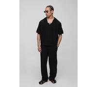 Men's Relaxed Boxy V Neck Texture Knitted Trouser and Polo Set | Black | Size Medium | BOOHOOMAN