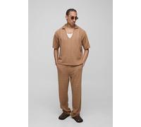 Men's Relaxed Boxy V Neck Texture Knitted Trouser and Polo Set | Taupe | Size Medium | BOOHOOMAN