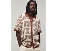 Men's Relaxed Crochet Patch Tapestry Knitted Shirt | Stone | Size Small | BOOHOOMAN