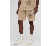 Men's Relaxed Fit Embroidered Crochet Look Knitted Short | Brown | Size Small | BOOHOOMAN