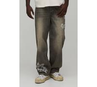 Men's Relaxed Fit Floral Puff Print Jeans | Stone | Size 28R | BOOHOOMAN