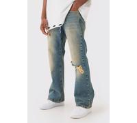 Men's Relaxed Flare Rigid Knee Rip Tinted Denim Jeans | Green | Size 32R | BOOHOOMAN