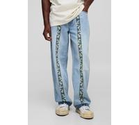 Men's Relaxed Floral Embroidery Denim Jeans with Let Down Hem | Light Blue | Size 32R | BOOHOOMAN