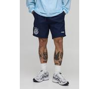 Men's Relaxed Mid Length Badge Detail Nylon Short | Navy | Size Small | BOOHOOMAN