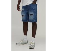 Men's Relaxed Rhinestone Embellished Ripped Denim Shorts | Mid Blue | Size 38R | BOOHOOMAN