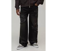 Men's Relaxed Stacked Fit Rhinestone Ripped Knee Jeans | Washed Black | Size 30R | BOOHOOMAN
