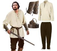 Men's Renaissance Costume 5 Pieces Medieval Retro Viking Long Sleeve Shirts, Ankle Banded Trousers, PU Leather Buckle Bracers, Viking Belt Accessories for Halloween Pirate Hippie Cosplay Party,