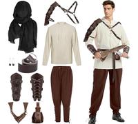 Men's Renaissance Costume, Medieval Pirate Costume Set with Shirt Pants Belt Shoulder Armor Pouch Bracer Sword Bag for Halloween Cosplay Outfit Accessories (XXL)