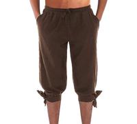 Men's Renaissance Fair Drawstring Pockets Trousers Pants- Handcrafted Cotton Linen Gaiters, Authentic Medieval Small Leg Design (M-XXXL) Brown