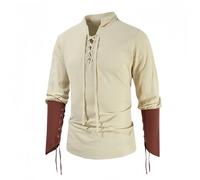 Men's Renaissance Patchwork Shirt, Long Sleeve Stand Collar Medieval Vintage Top, Classic Lace Up Carnival Viking Blouse, Loose Fit Drawstring Solid Pullover for Halloween Pirate Cosplay Costume