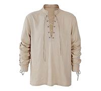Men's Renaissance Shirts, Cotton Linen Medieval Steampunk Shirts UK Victorian T-Shirt Long Sleeve Outfit Vintage Carnival Cosplay Blouse Henley Tops Loose Fit Pirate Shirt Khaki