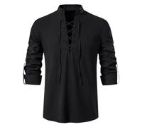 Men's Renaissance Shirts, Long Sleeve Cotton Linen Solid Medieval Steampunk Shirts, Classic Lace Up Vintage Carnival Viking Blouse, Loose Fit Drawstring Mandarin Neck Henley Tops for Halloween Cosplay