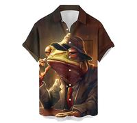 Men's Retro Bowling Shirts Hawaiian Beach Shirt Vintage Printed Chest Pocket Shirt Short Sleeve Casual Button Down, Frog, Large