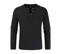 Men's Retro Cotton Like Linen Long Sleeve Lace up Shirts Men's Lace up Shirt Linen Henley Shirt Long Sleeve Drawstring Men Shirt Men's Solid Color Loose V-Neck Long Sleeve T-Shirt Pullover Tops