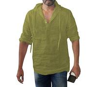 Men's Retro Cotton Linen Hooded Shirts,Men Solid Color Long-Sleeved Loose Hoodie Green