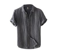 Mens Retro Crumpled Casual Thin Breathable Loose Half Sleeve Cotton Linen Shirt Corduroy Button up Men (Grey, XXL)