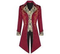 Mens Retro Long Tuxedo Jacket Medieval Tailcoat Suit, Vintage Steampunk Colonial Gothic Frock Coat Renaissance Overcoat Helloween Costumes Red L