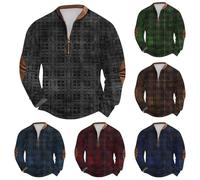 Mens Retro Plaid Sweatshirt UK Sale, Half Zip Pullover Casual Stand-up Collar Zipper Jumpers with Elbow Patches Vintage Printed Workwear Loose Long Sleeved Sweater Winter Tops Plus Size S-5XL