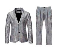 Men's Retro Punk Gothic Suit Double Breasted Blazer with Trousers, Stage Performance Wedding Tuxedo Set, Velvet Notch Lapel 2-Piece Costume, Gold Trim for Groom or Musician (Silver, L)