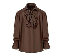 Men's Retro Renaissance Steampunk Victorian Long Sleeve Jabot Collar Medieval Pirate Lace Up Shirt Tops-Coffee-S