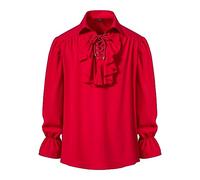 Men's Retro Renaissance Steampunk Victorian Long Sleeve Jabot Collar Medieval Pirate Lace Up Shirt Tops-Red-XL