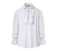 Men's Retro Renaissance Steampunk Victorian Long Sleeve Jabot Collar Medieval Pirate Lace Up Shirt Tops-White-XXL