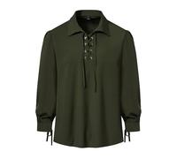 Men's Retro Renaissance Steampunk Victorian Long Sleeve Lapel Collar Medieval Pirate Lace Up Shirt Tops-Army Green-XL