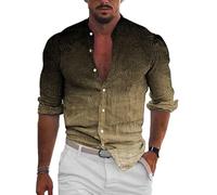 Men's Retro Shirt Gradient Printed Stand Collar Long Sleeve Shirts Fashion Vintage Hit Color Pattern Button Blouse Hawaiian Beach Top Brown
