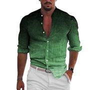 Men's Retro Shirt Gradient Printed Stand Collar Long Sleeve Shirts Fashion Vintage Hit Color Pattern Button Blouse Hawaiian Beach Top Green