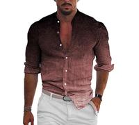 Men's Retro Shirt Gradient Printed Stand Collar Long Sleeve Shirts Fashion Vintage Hit Color Pattern Button Blouse Hawaiian Beach Top Pink