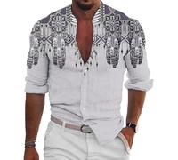 Men's Retro Shirt Indian Style 3D Printed Stand Collar Long Sleeve Shirts Fashion Vintage Native Indian Pattern Button Blouse Hawaiian Beach Top White