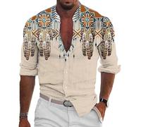 Men's Retro Shirt Indian Style 3D Printed Stand Collar Long Sleeve Shirts Fashion Vintage Native Indian Pattern Button Blouse Hawaiian Beach Top Brown