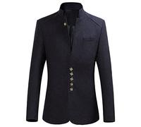 Men's Retro Stand Collar Blazer Jacket Suit Chinese Tunic Slim Fit Solid Winter 5 Button Mandarin Collar Sports Coat, Blue, XL