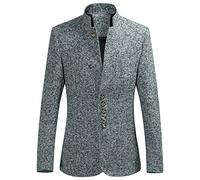 Men's Retro Stand Collar Blazer Jacket Suit Chinese Tunic Slim Fit Solid Winter 5 Button Mandarin Collar Sports Coat, grey, M