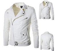 Mens Retro Style Zipped Biker Jacket White Leather Jacket Men Real-Leather Soft Black Casual Jackets Motorcycle Faux-Leather Streetwear Classic Fit Outwear Rock Motorbike Jackets Outwear