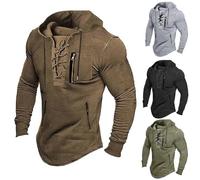 Mens Retro Tactical Long Sleeve Hoodies Outdoor Sports Pullover Distressed Lace Up Hooded Shirts Gym Sport Activewear Slim Fit Outdoor Tops Solid Color Hooded Sweatshirts