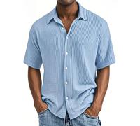 Mens Revere Collar Shirts Short Sleeve Casual Textured Summer Beach Tops | Lightweight Breathable Crinkle Fabric Shirts For Men, Plain Regular Fit Holiday Beachwear Button Up Tops In Multi Colours