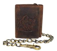 Men's RFID Blocking Trifold Vintage Leather Biker Chain Wallet With Snap Closure, Angry Bull Brown, Biker Wallet